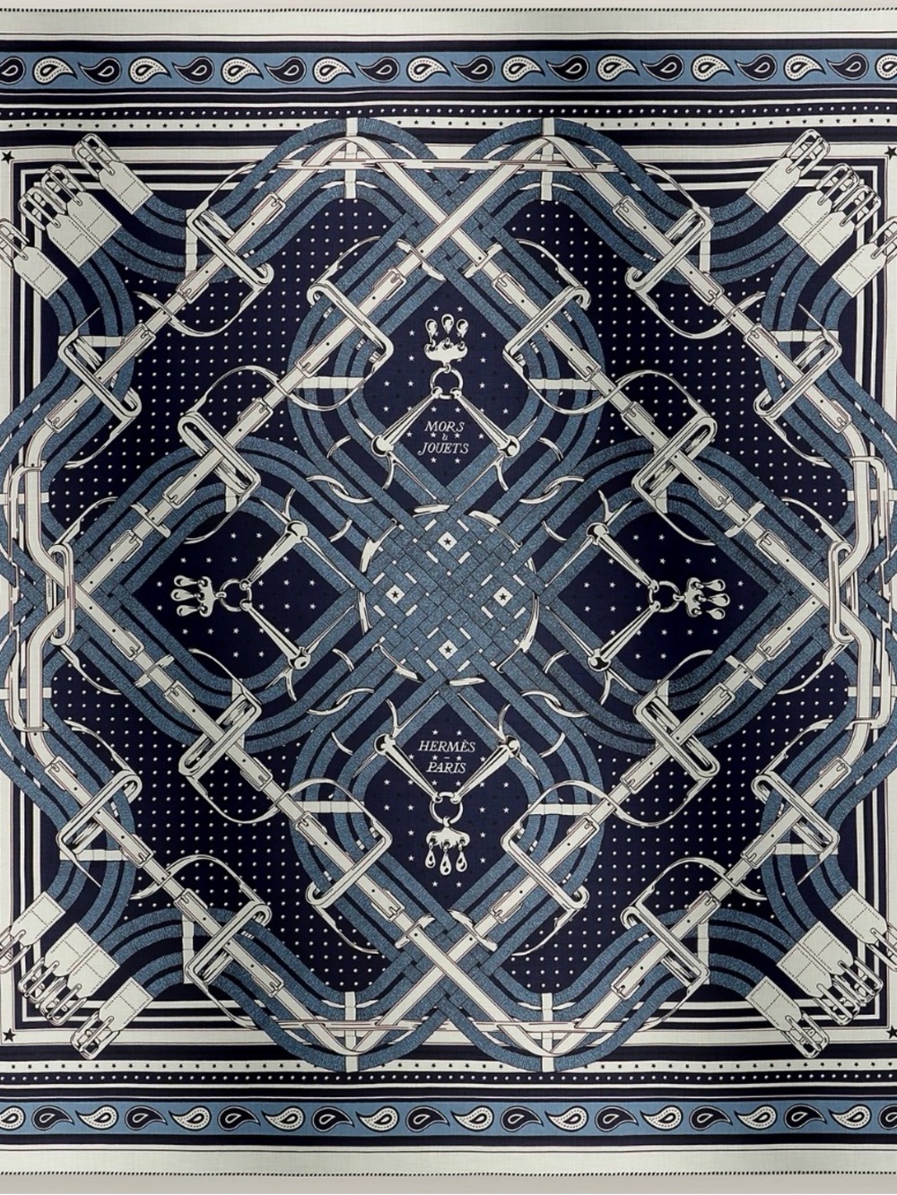 NEW in Box  HERMES Bleu marine /Blanc Mors a Jouets Bandana Shawl 140 Scarf